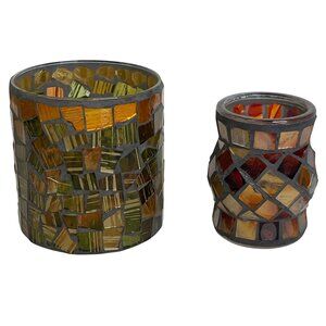 Retro Mosaic Glass Candle Holders Mis-Match Set Pillar and Votive Vintage Boho